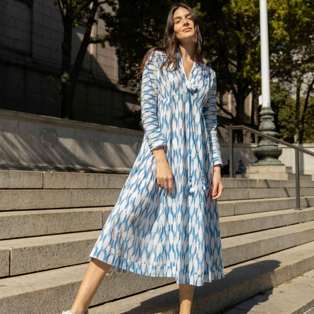 Guadalupe Design Nora Ikat Midi Dress Size S Blue White Tassel Long Sleeve